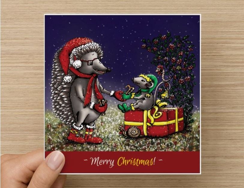 Hedgehog Dougal themed Christmas card (14x14 cm, square) with an envelope