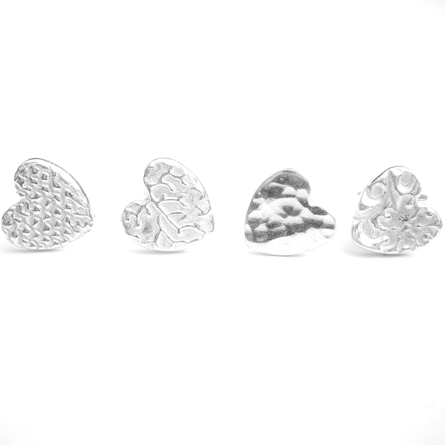 Silver Textured Heart Stud Earrings