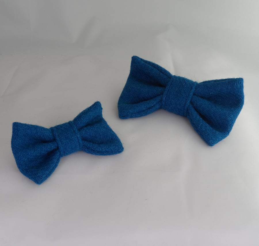 Handmade Harris Tweed Dog Bow - Plain Bright Blue 