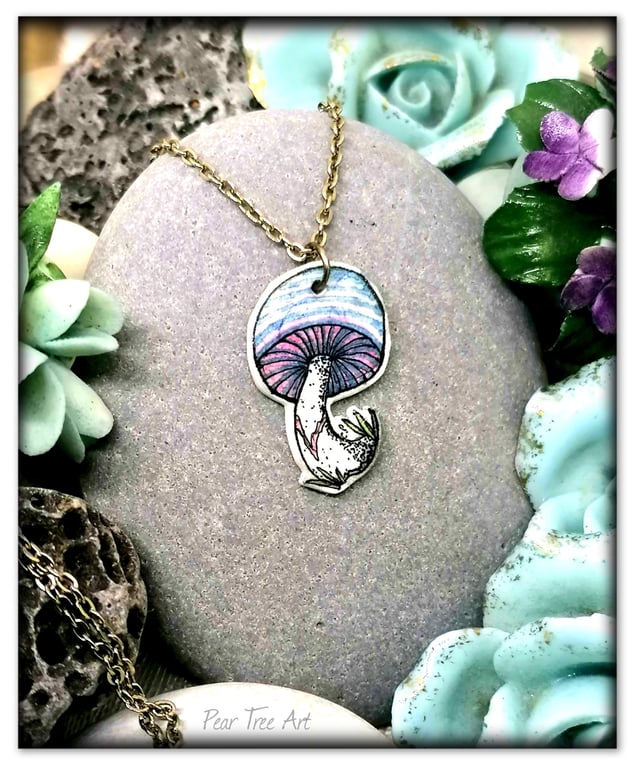 Handmade Toadstool pendant on a silver plated chain, light blue 