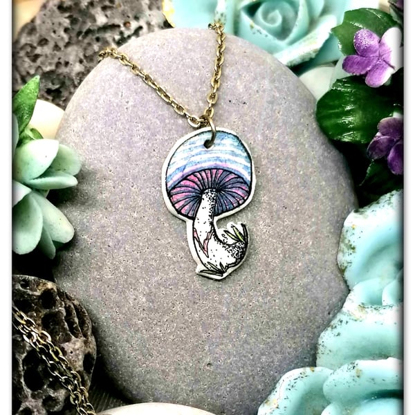 Handmade Toadstool pendant on a silver plated chain, light blue 