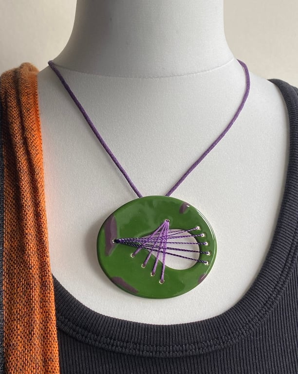 SALE Handmade Ceramic Statement Pendant with Stitched element