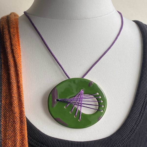 SALE Handmade Ceramic Statement Pendant with Stitched element