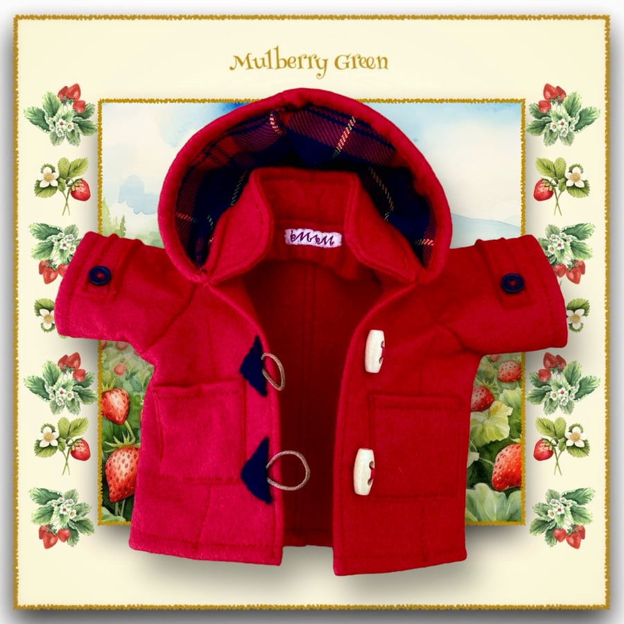 Bright Red Duffle Coat with a Tartan Lined Hood