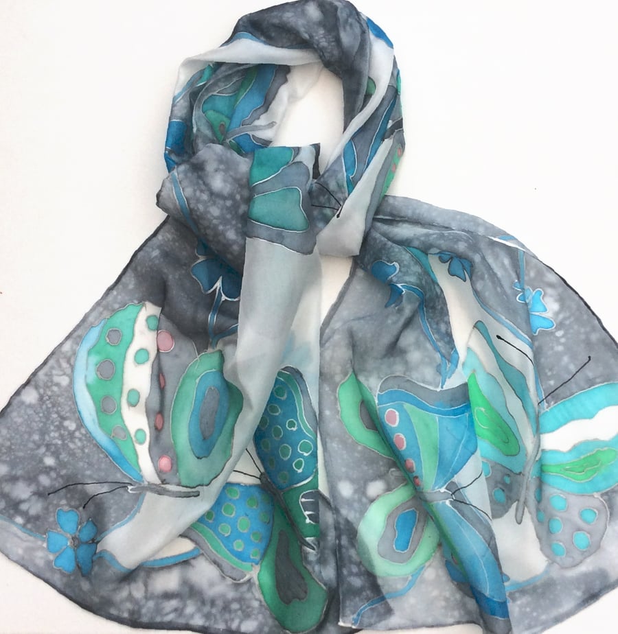 Blue and Green Butterfly  hand painted silk scarf