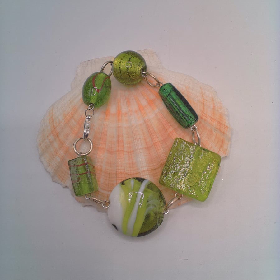 Green Glass Lampwork Bead Rosary Style Bracelet, Summer Bracelet, Gift for Her