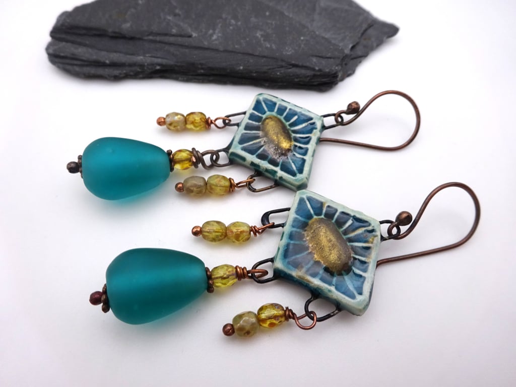 teal lampwork glass and ceramic earrings