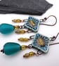 teal lampwork glass and ceramic earrings - Image 1