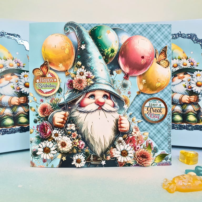 Birthday Wishes Card & Box - 3D Decoupage Keepsake Gnome Card In Blue
