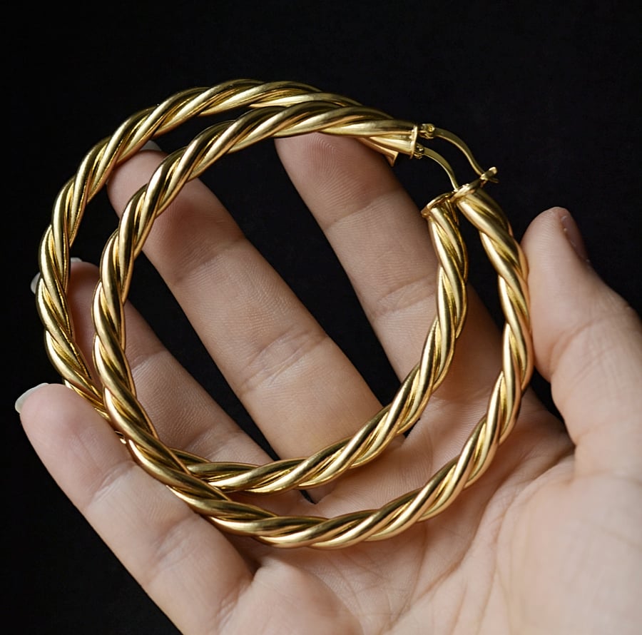 Gold plated huge twisted hoops, large thick circle hoop earrings