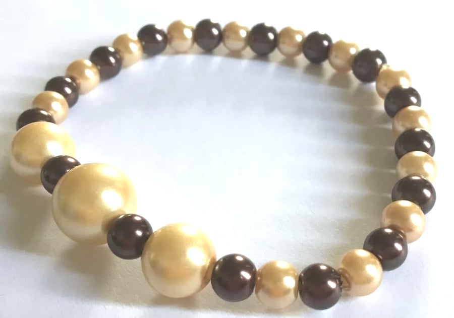 Brown & Cream Faux Pearls Stretchy Bracelet
