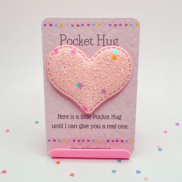Pink Shimmer Heart Pocket Hug Anxiety Keepsake Token Letter Box Gift 