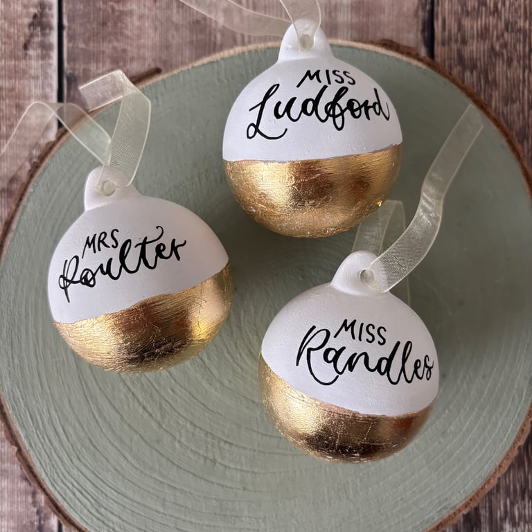 Personalised Gold Leaf Christmas Bauble, Hand lettered ceramic decoration
