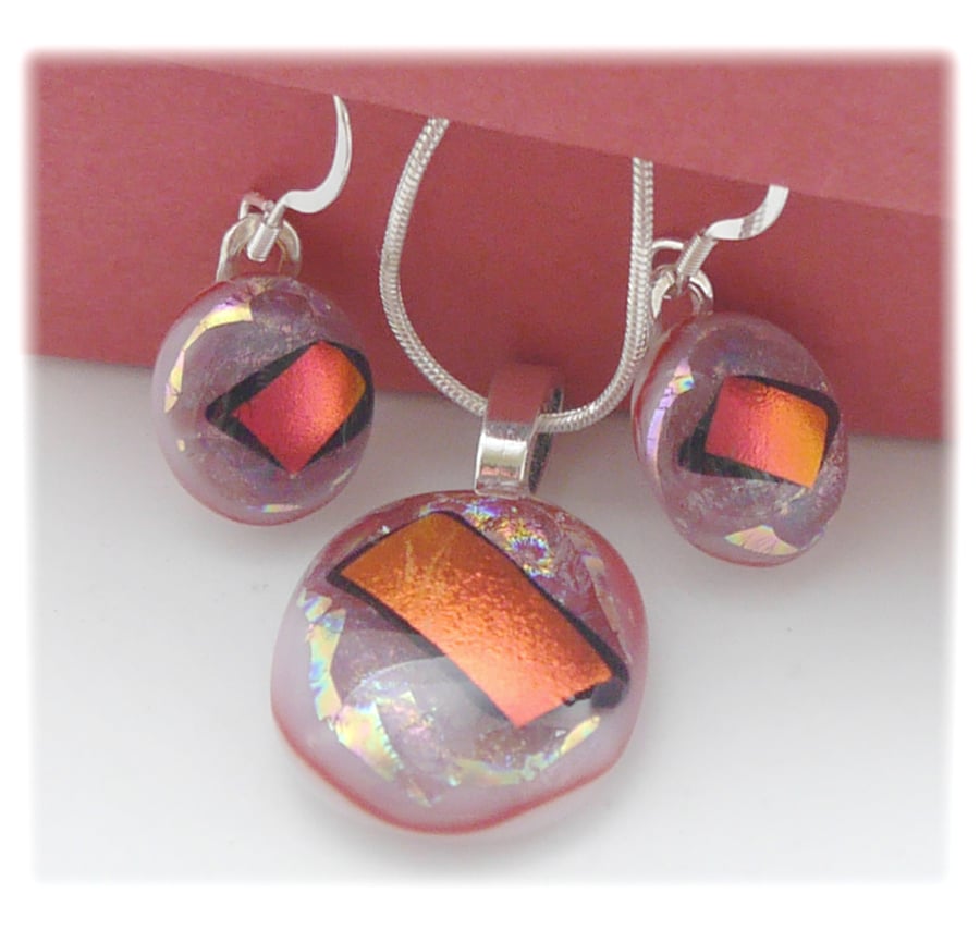 Dichroic Glass Pendant Earring Set 063 Pink Red Shine silver plated chain