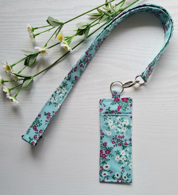 Handmade Lanyard & Pen Holder Set Turquoise Pink Floral Cotton Teacher Gift