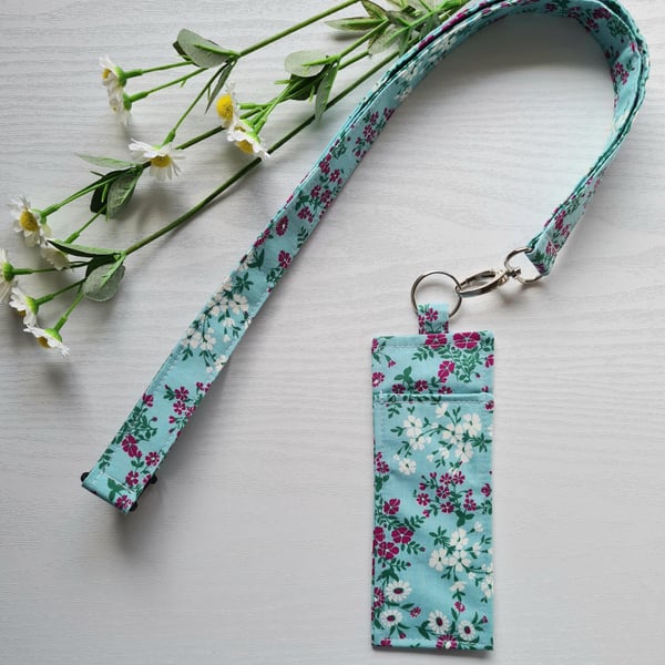 Handmade Lanyard & Pen Holder Set Turquoise Pink Floral Cotton Teacher Gift