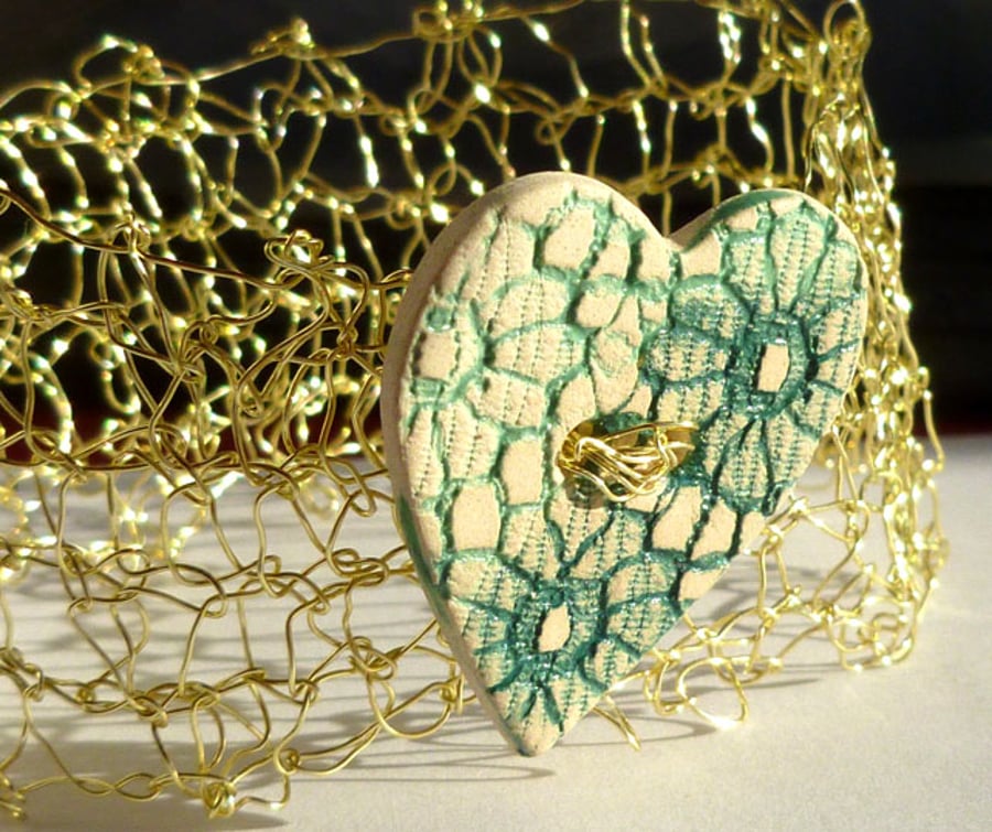 Knitted Wire Cuff With Turquoise Ceramic Button