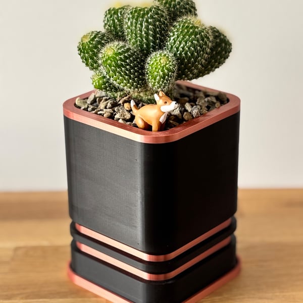 Black Planter with Metallic Accent - Small Indoor Plant Pot