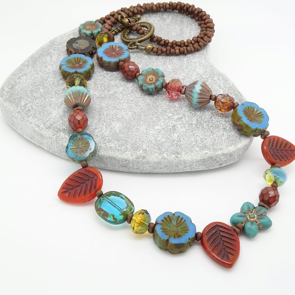 Floral Necklace, Turquoise Necklace, Chocolate Necklace, Leaf Necklace. 