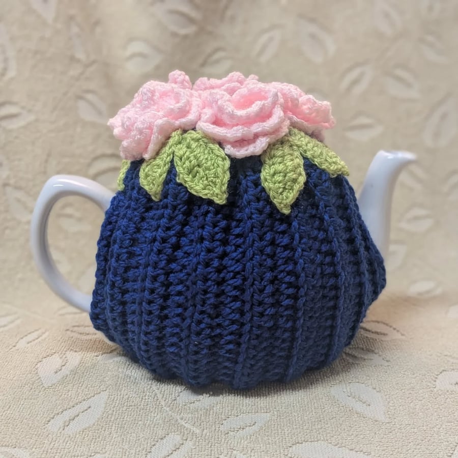 Royal Blue Tea Cosy with Pink Flowers to fit medium sized 4-6 cup teapot