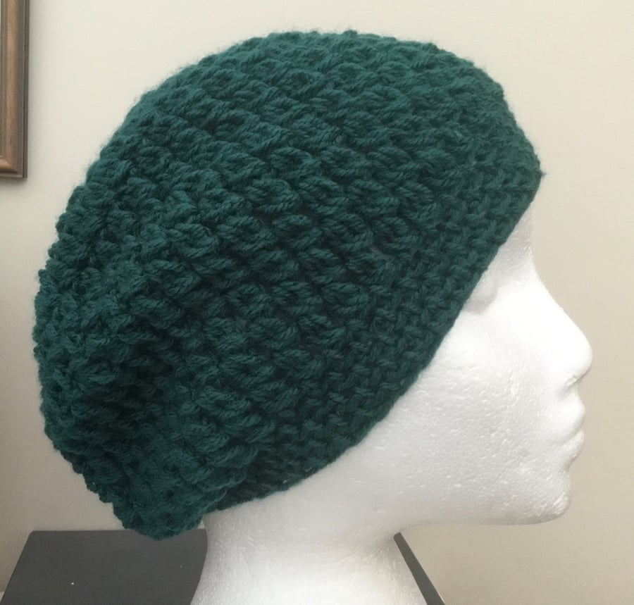 Forest Green Super Slouchy! Crocheted Beanie, Soft Beret or Slouchy Hat.