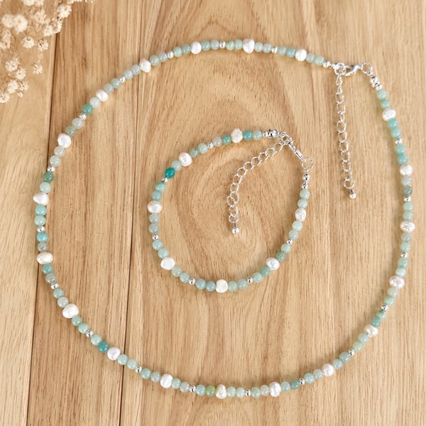 Amazonite And Cultured Pearl Dainty Jewellery Set