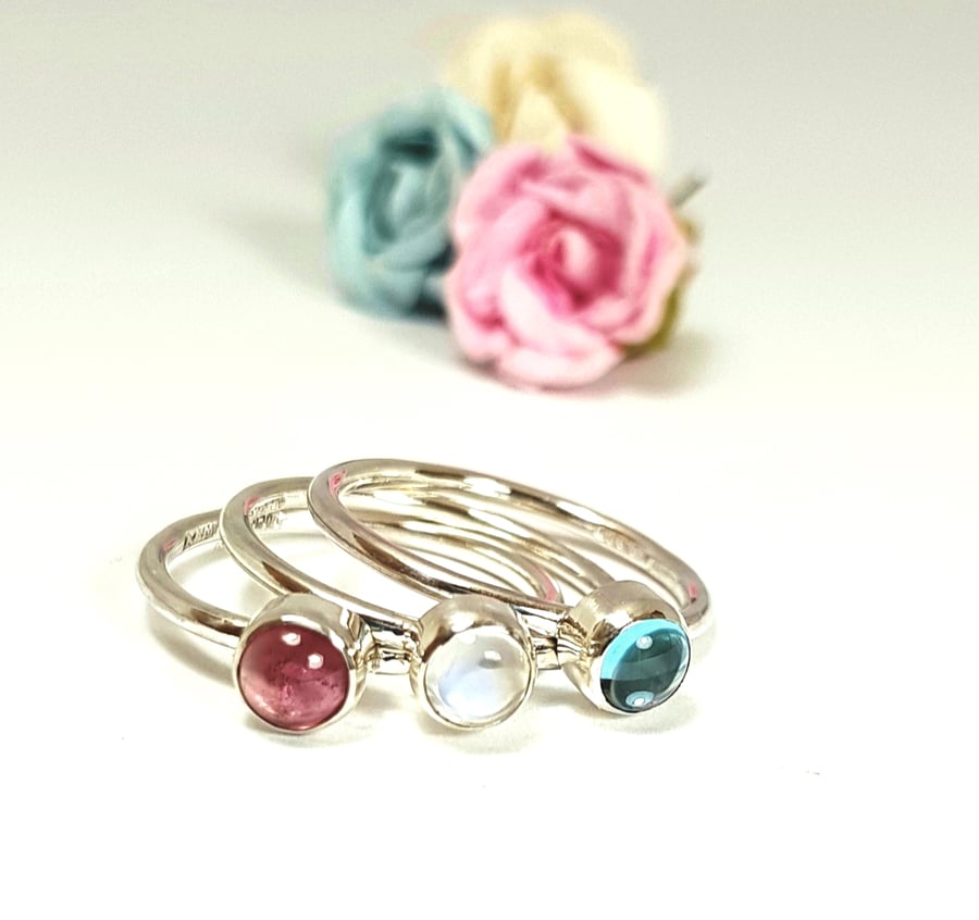 Silver Gemstone Stacking Rings - Pink Sky