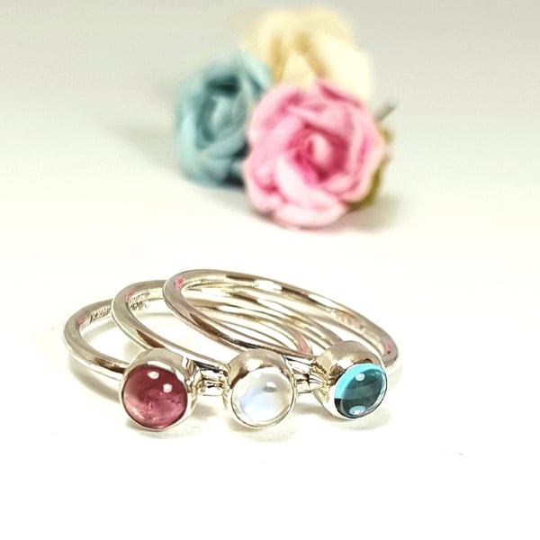 Silver Gemstone Stacking Rings - Pink Sky