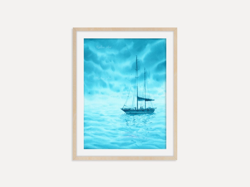 Turquoise Sailboat Archival Art Print, Sailing Regatta Wall Print, Coastal Home