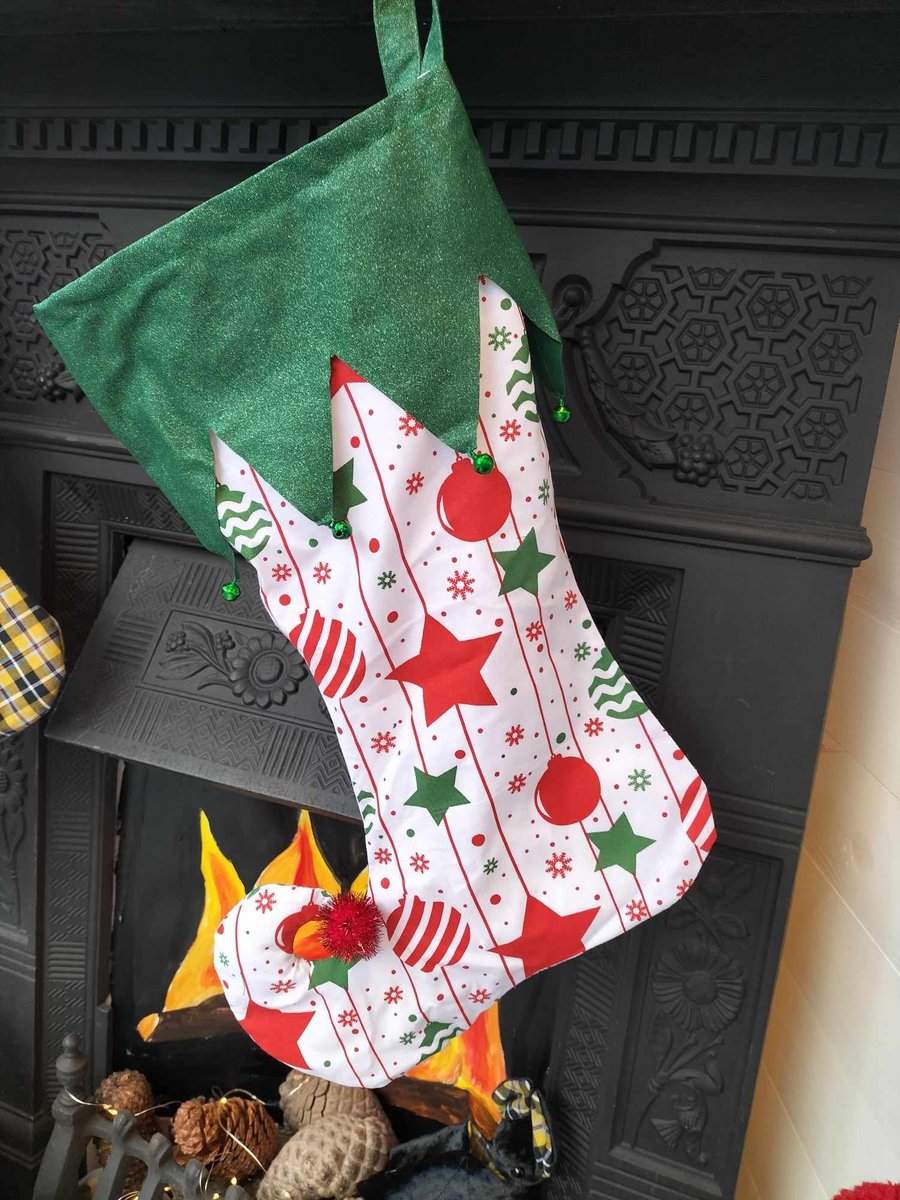 CS04  Pixie elf Christmas stocking, Baubles and stars