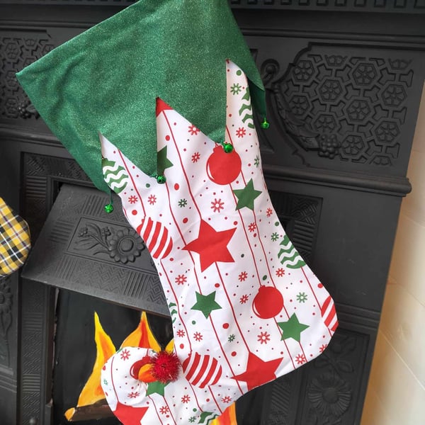 CS04  Pixie elf Christmas stocking, Baubles and stars