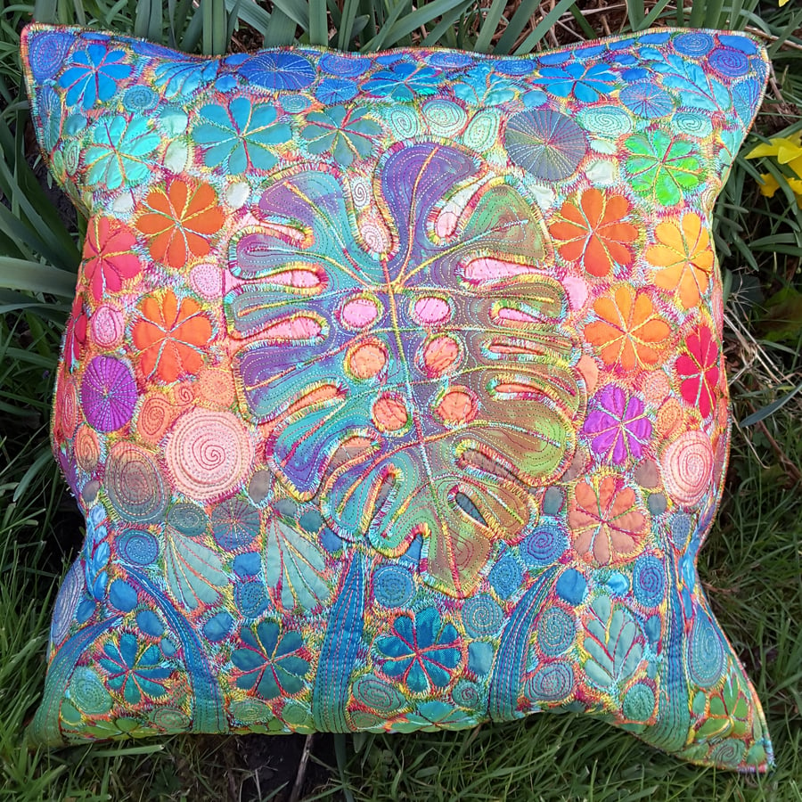 Cushions - Botanical Cushion with a Monstera Leaf and Free Machine Embroidery 