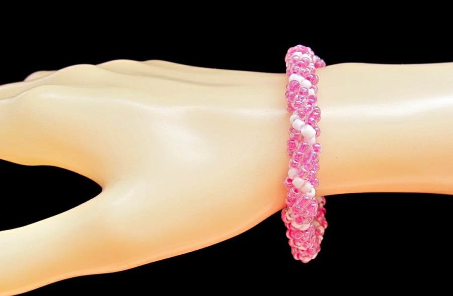 Slimline Bracelet: Hot Pink & White Seed Beads in a Spiral Weave