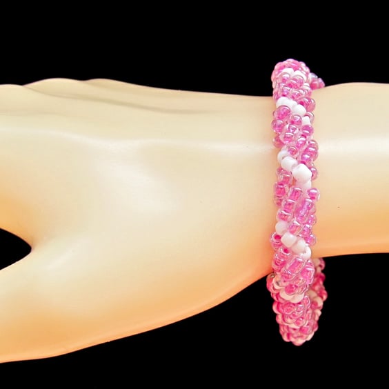 Slimline Bracelet: Hot Pink & White Seed Beads in a Spiral Weave
