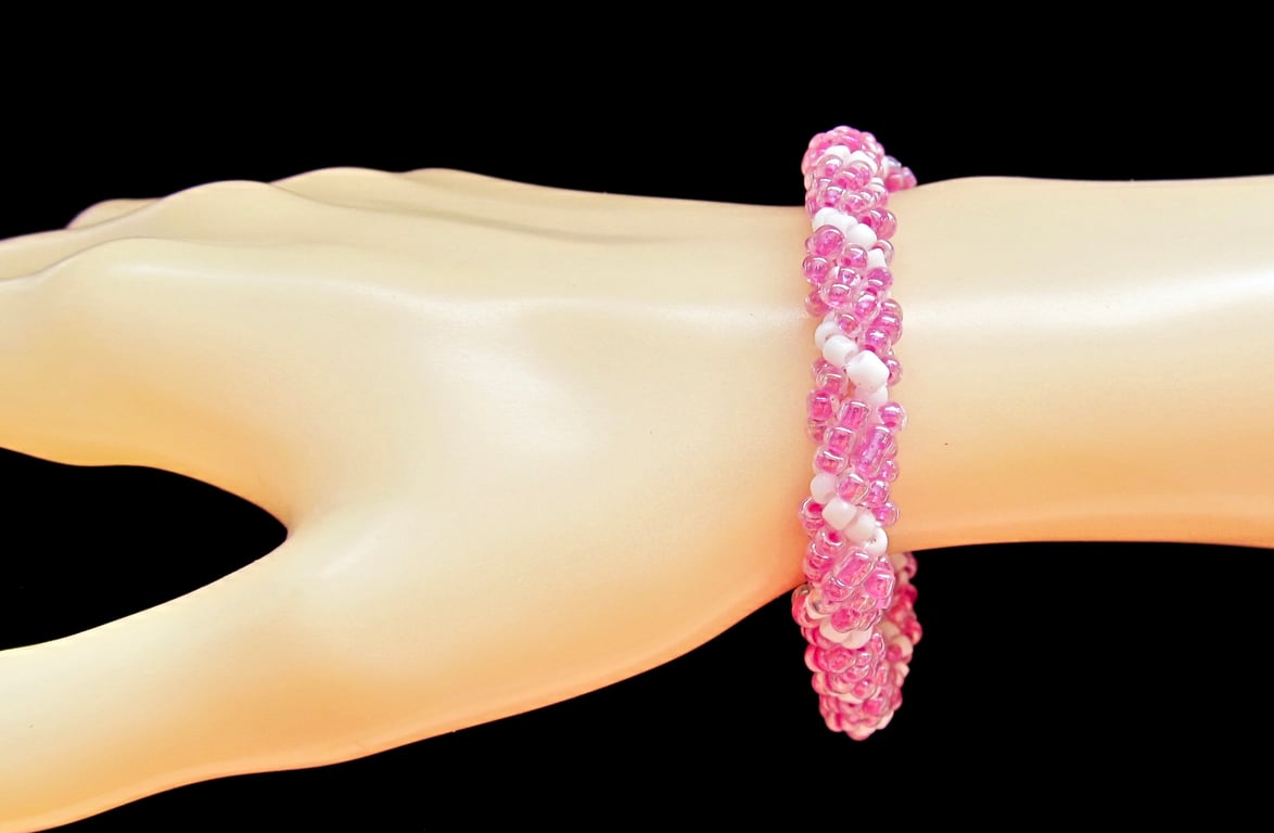Slimline Bracelet: Hot Pink & White Seed Beads in a Spiral Weave
