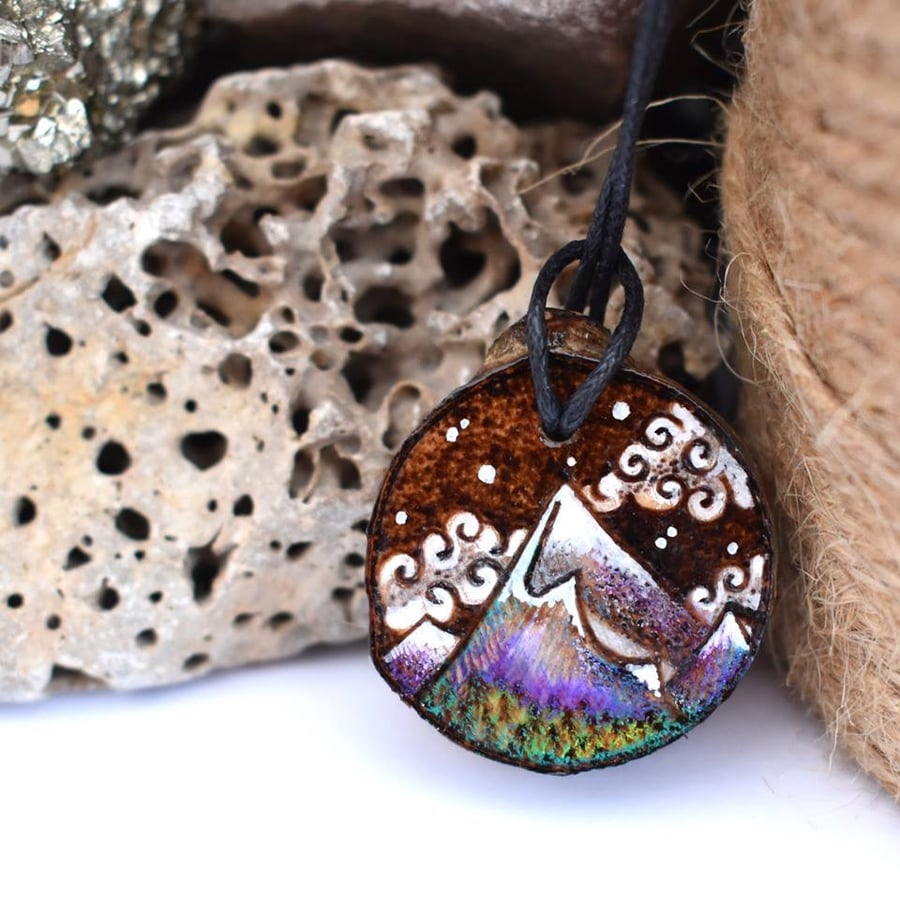 Snowy mountains pyrography pendant, rustic branch slice necklace. 