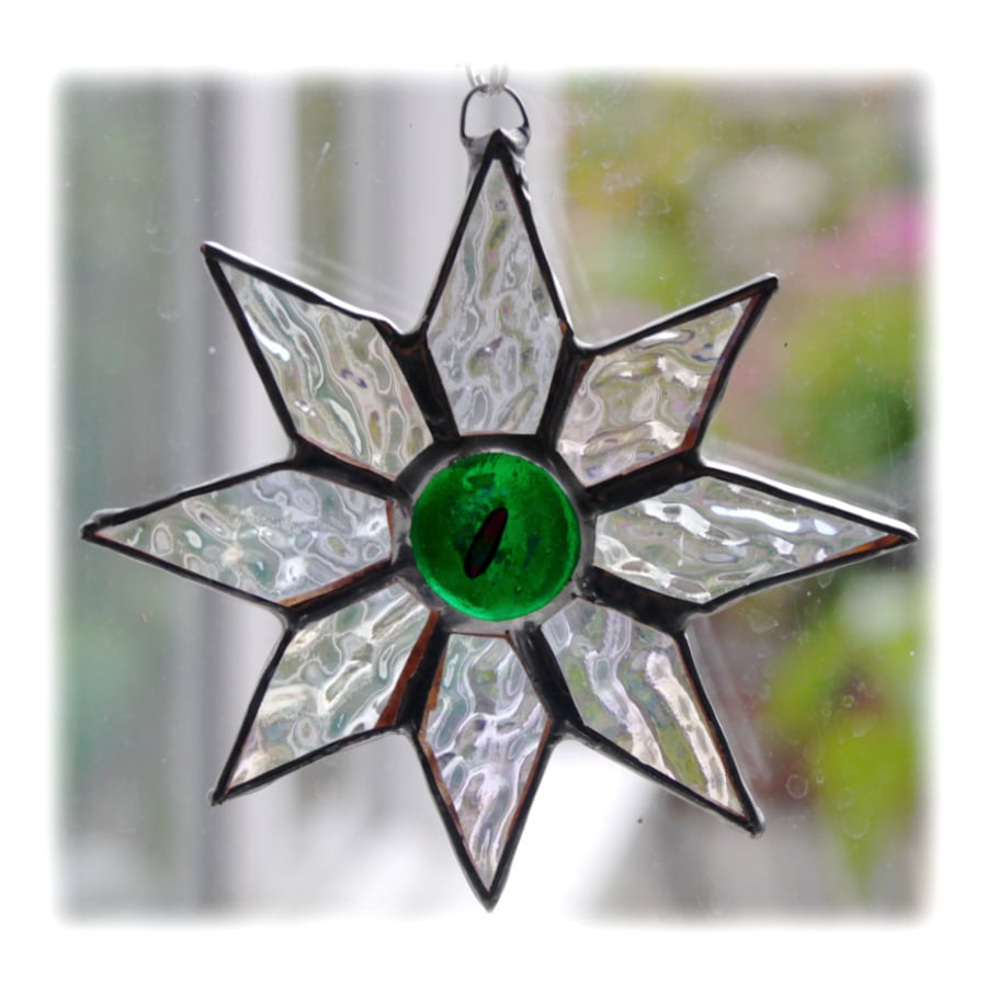 SOLD Shiny Star Suncatcher Stained Glass Dichroic Green Handmade 001