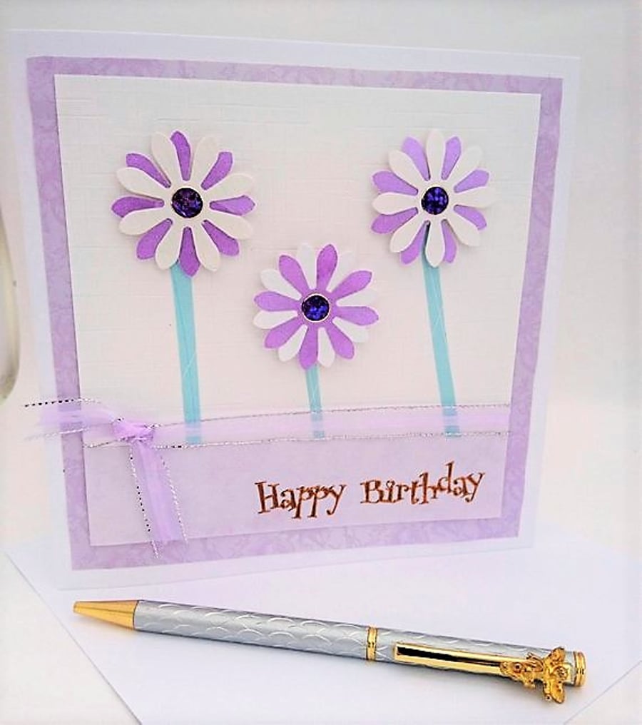 Happy Birthday Lilac Flowers Card,Handmade, Male,Female, FREE P&P to UK