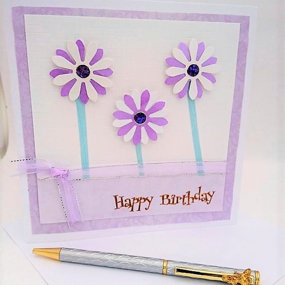 Happy Birthday Lilac Flowers Card,Handmade, Male,Female, FREE P&P to UK