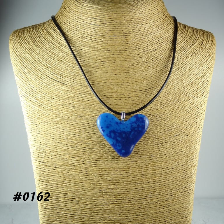 Blue handcrafted fused glass heart pendant on a black leather cord (0162)
