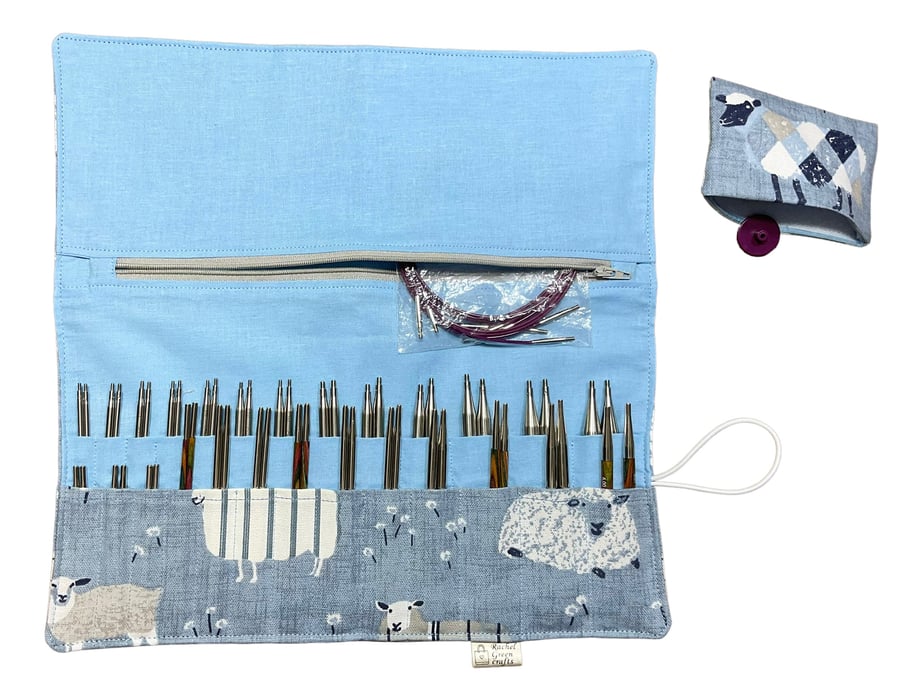 Interchangeable knitting needle case with sheep print, sock needle storage