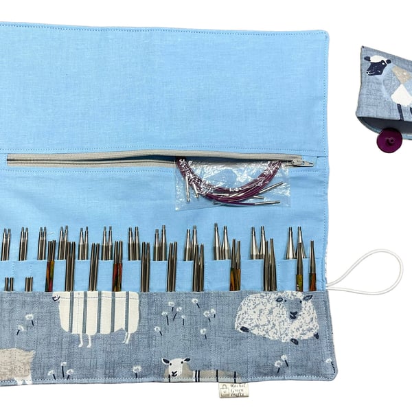 Interchangeable knitting needle case with sheep print, sock needle storage