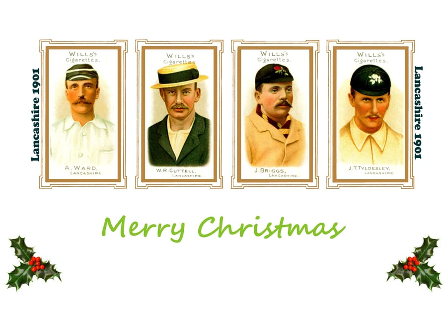 Christmas card cricket vintage 1901 design. Lancashire, Lancs, FREE UK P&P
