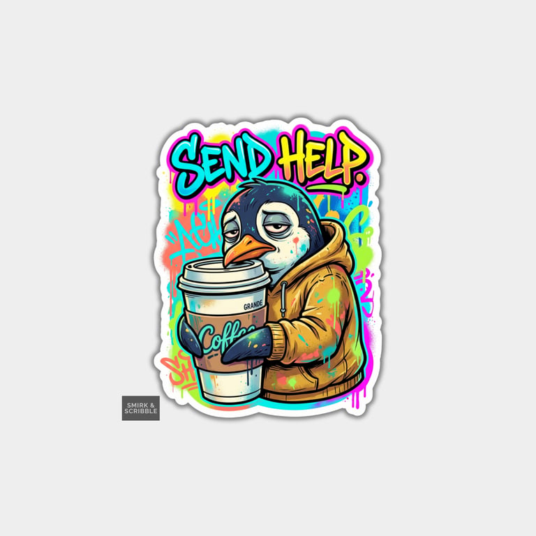 Funny Die Cut Vinyl Sticker - Send Help Penguin