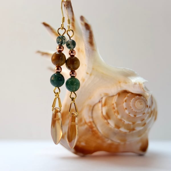 Moss Agate, Wood lace Agate, Copper And Glass Earrings - Handmade In Devon