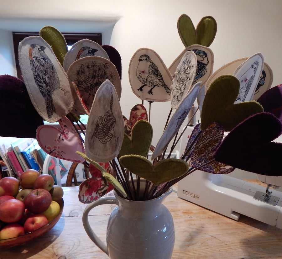 Bird and heart - fabric and willow flowers