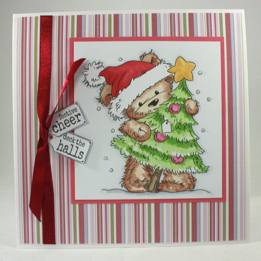 Handmade Christmas card - cute bear with Christmas tree - can be personalised