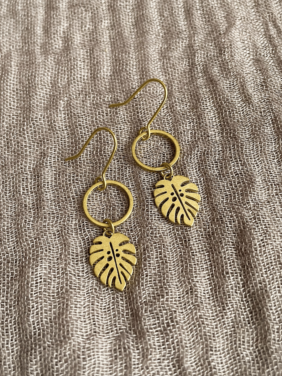 Monstera leaf brass earrings, aesthetic earrings, gift fr her