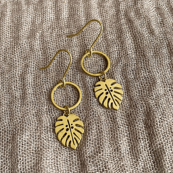 Monstera leaf brass earrings, aesthetic earrings, gift fr her