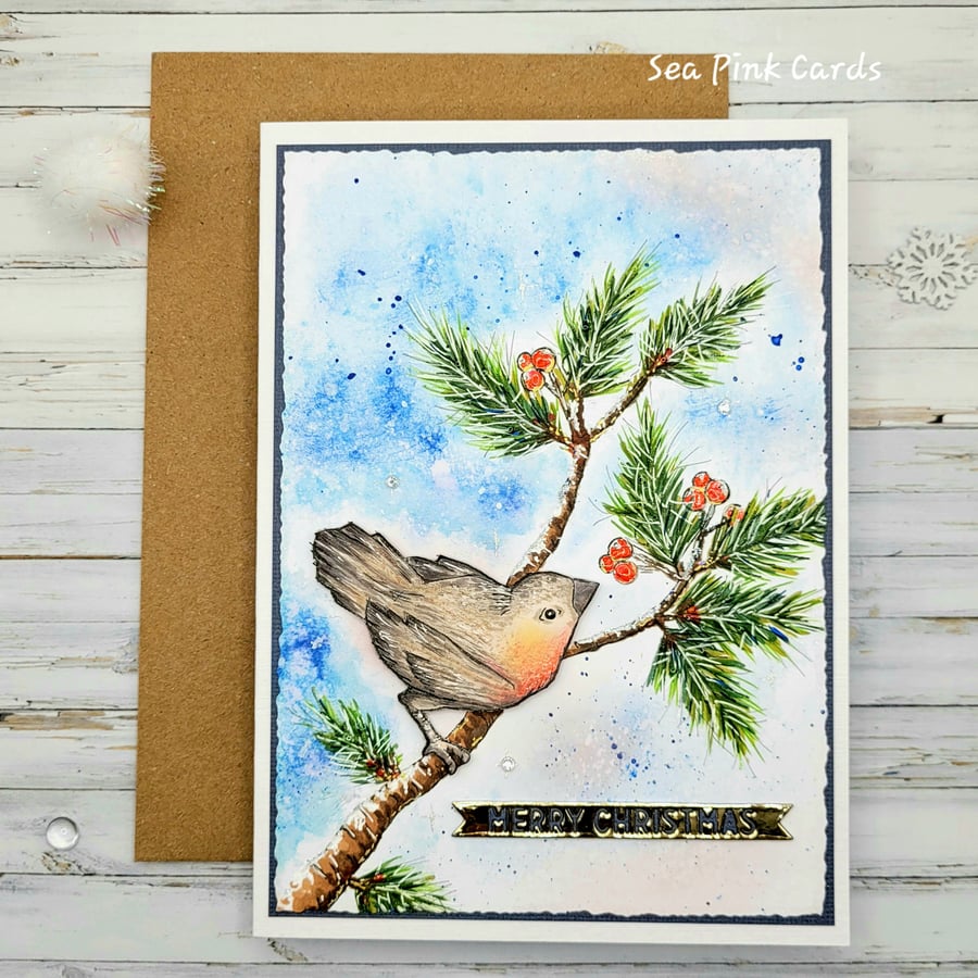  Christmas Card - Robin and Pine branch - christmas, one-of-a-kind, handcrafted